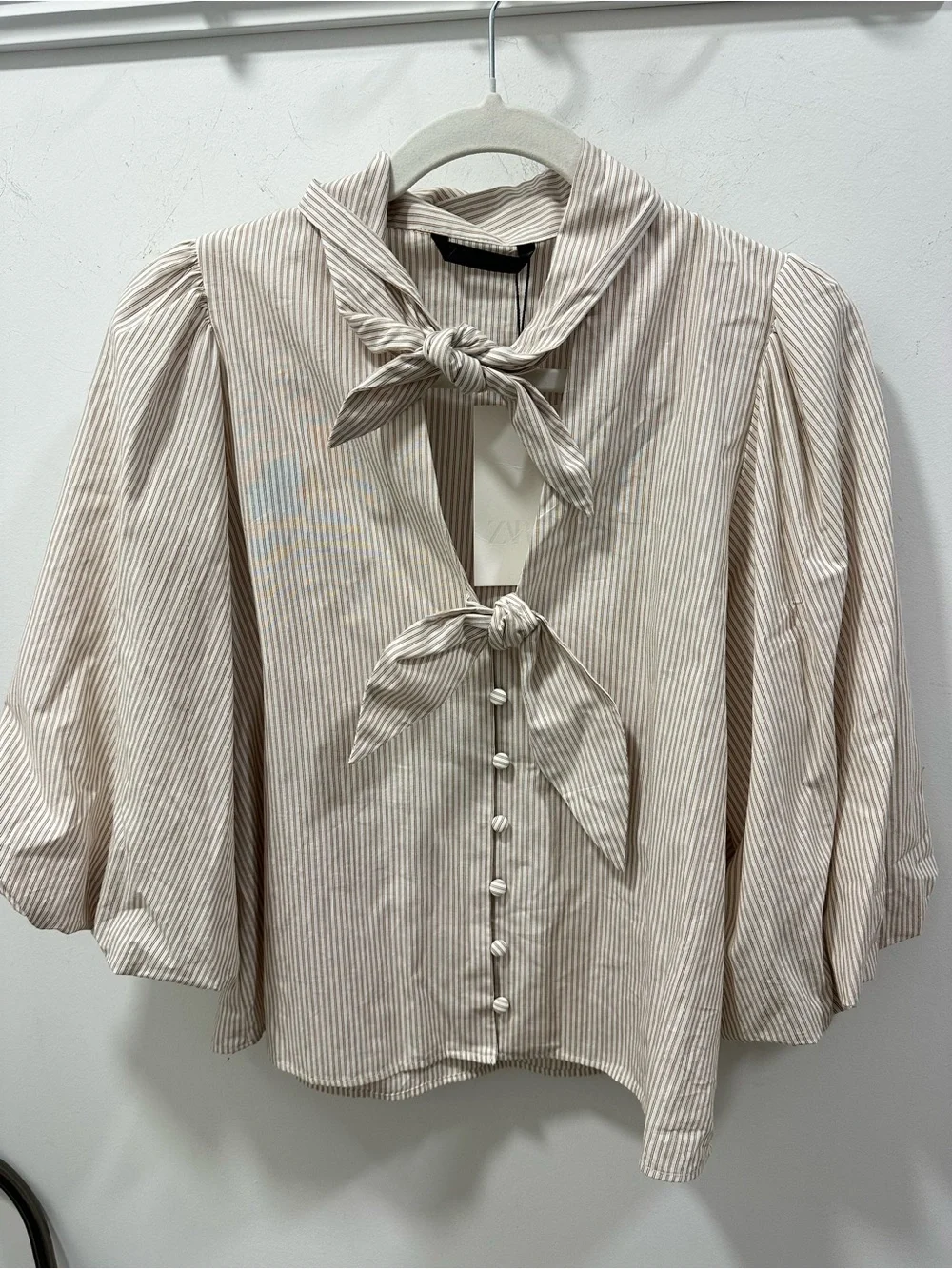 Zara NWT Striped Tie Neck Puff Sleeve Blouse Top XS Beige Cream